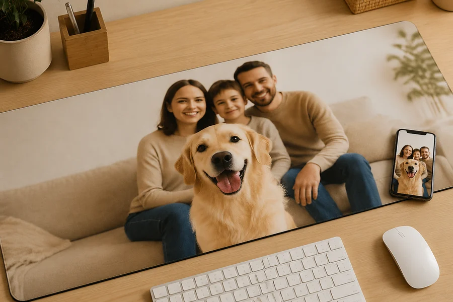 Tapis de souris XXL 90×40 personnalisé avec une photo de famille imprimée, smartphone montrant la photo originale