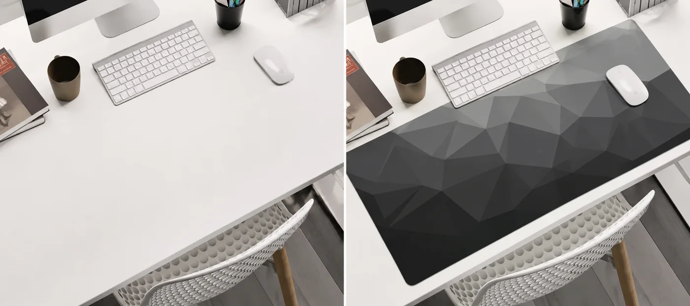 Comparaison avant et après : à gauche un bureau blanc nu avec clavier et souris posés à même le plateau, à droite le même bureau équipé du tapis de bureau XXL Origami gris et noir