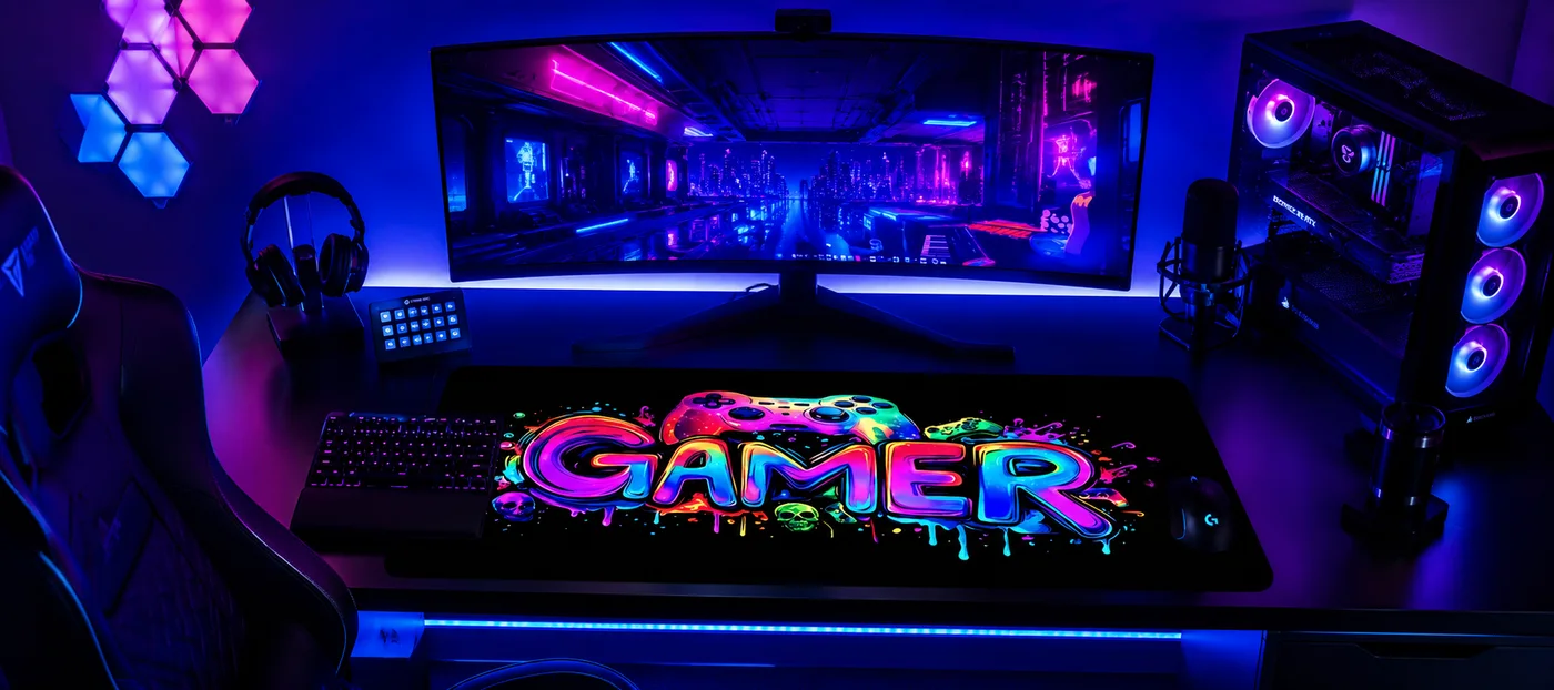 Tapis de souris XXL gaming au lettrage GAMER néon multicolore et manette colorée, posé sur un bureau avec clavier rétroéclairé et souris, écran incurvé, tour vitrée et panneaux lumineux violets et bleus