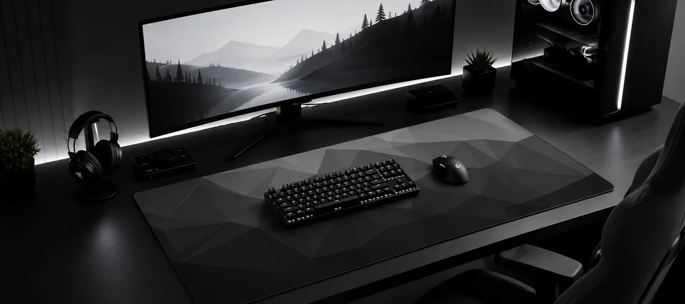 Tapis de bureau XXL Origami à facettes triangulaires gris et noir sur un bureau gaming sombre, clavier mécanique et souris posés dessus, écran ultra-large affichant un paysage de montagne en noir et blanc