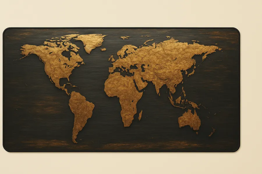 Tapis de bureau XXL carte du monde dorée sur fond bois sombre