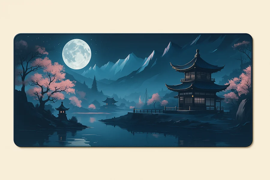 Tapis de souris XXL pagode japonaise de nuit sous la lune