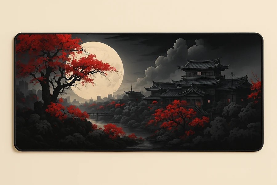 Tapis de souris XXL pagode noire aux fleurs rouges
